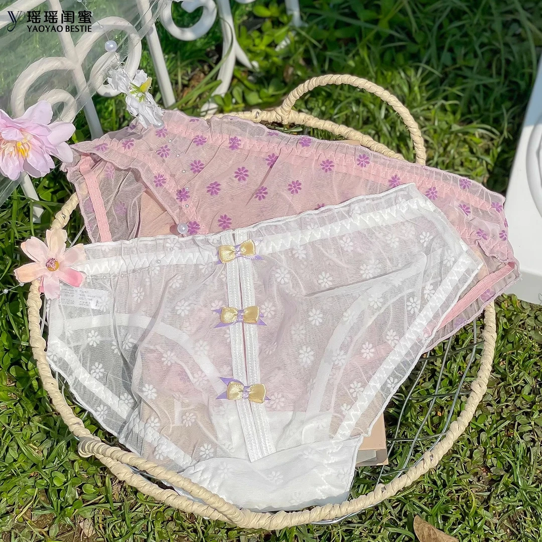 瑶瑶闺蜜蕾丝网纱内裤女性感低腰时尚少女印花蝴蝶结薄款三角裤头