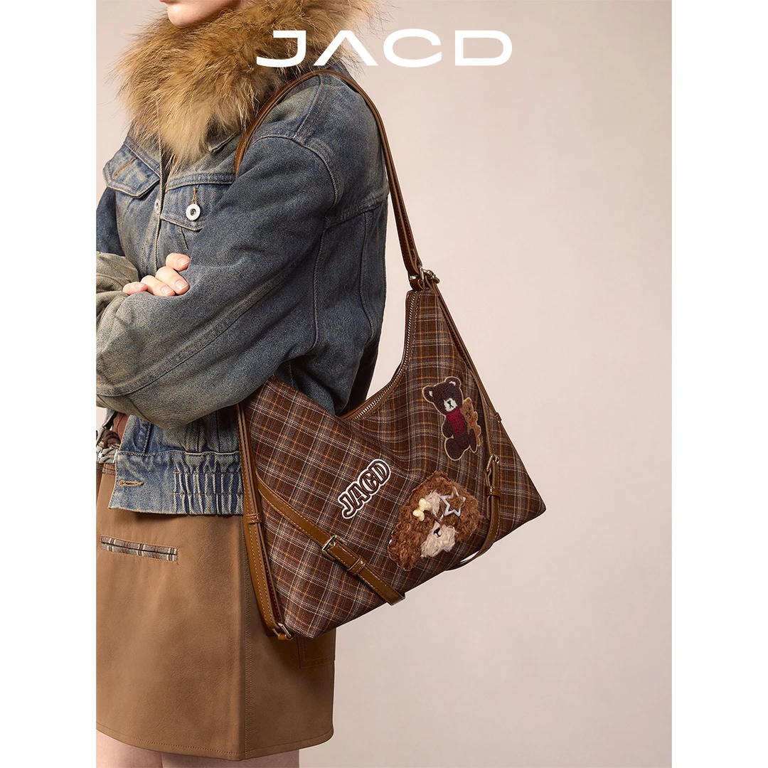 JACD学院风格纹Hobo包托特包包女大容量2025新款两用双肩包单肩包