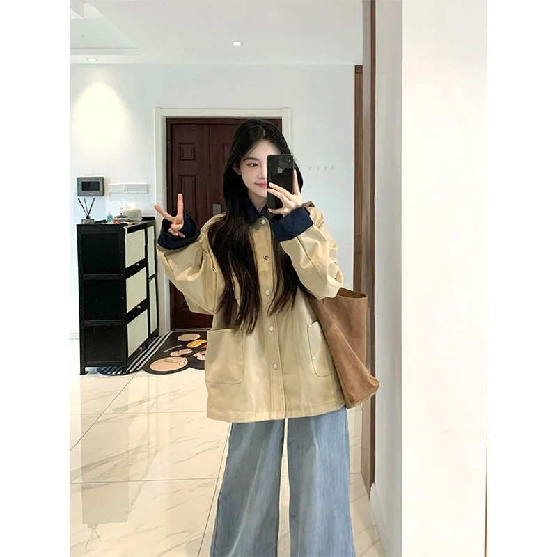 祎袋couz唔拍卡其色复古拼接撞色风衣女2025秋季宽松休闲显瘦格子