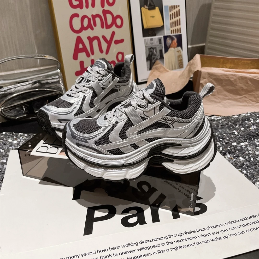 巴家双层6cm太空银厚底老爹鞋2025秋冬加绒增高休闲运动鞋