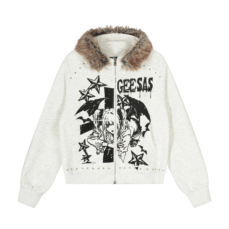 美式学院情侣个性卡通动漫亚文化二次元少女印花毛领连帽卫衣外套