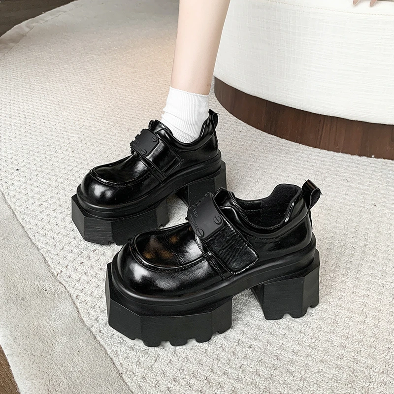 真皮9cm厚底乐福鞋女2025春新款小个子魔术贴休闲单鞋增高小皮鞋