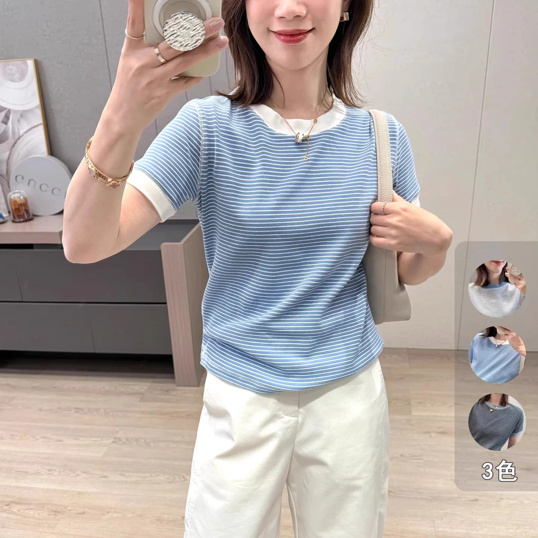欧货正肩领口撞色条纹短袖t恤女2025夏季新款高级感减龄洋气上衣