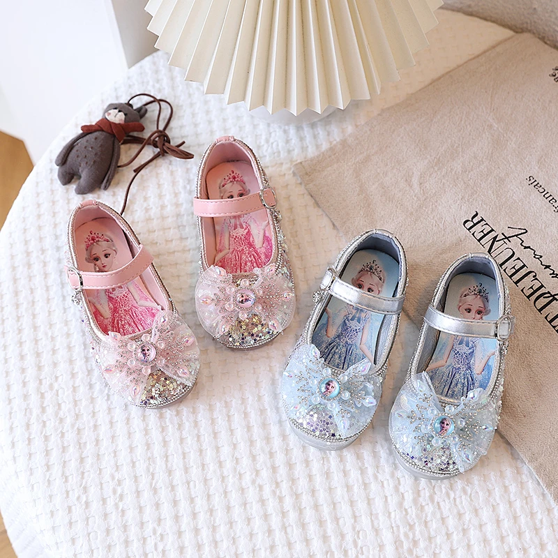 曙尼豪女童品牌公主水晶鞋2025新款春季儿童皮鞋小宝宝旋转艾莎鞋