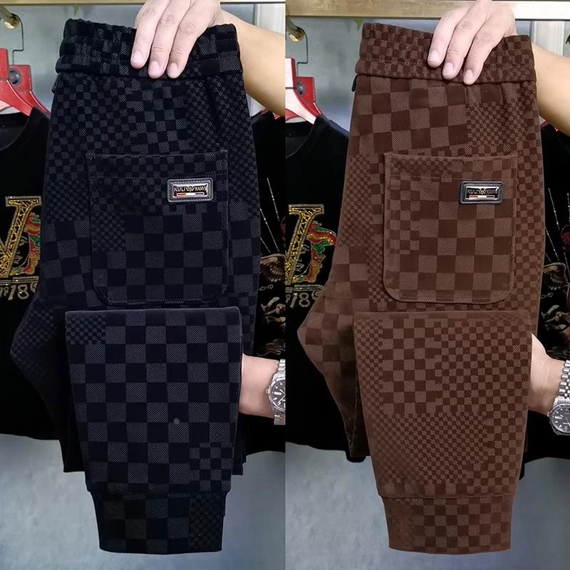 欧货高档商务植绒格子束脚休闲裤男春秋新款百搭松紧腰弹力直筒裤