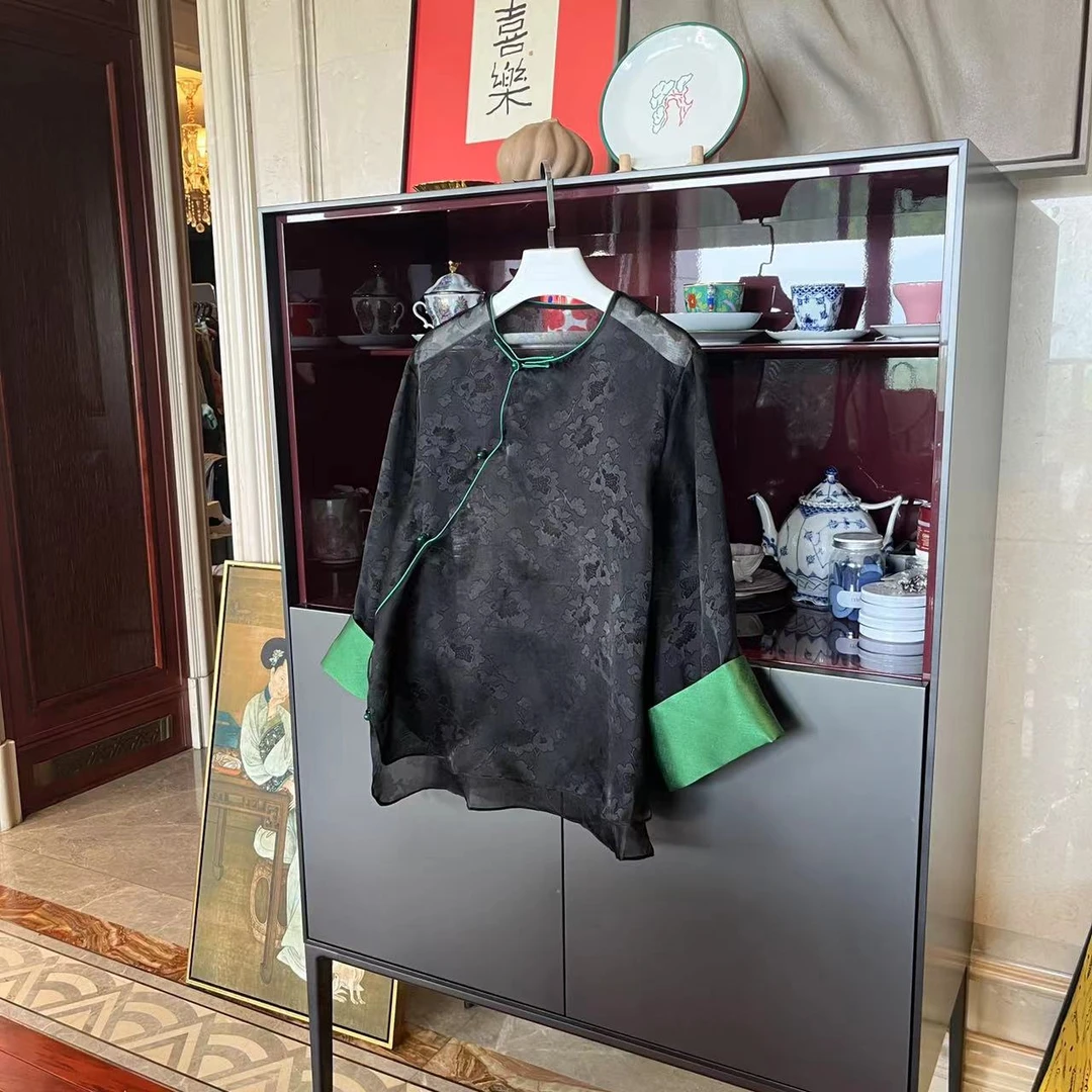 MYL 2024春夏新款黑色桑蚕丝衬衫长袖中式复古圆领提花纯色上衣