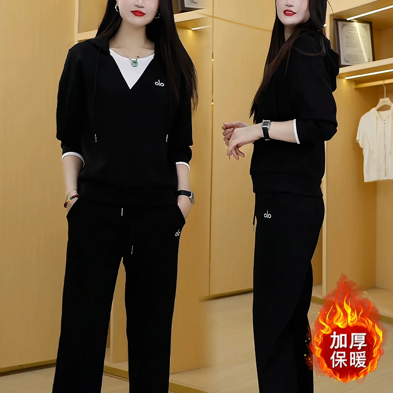 秋冬连帽时尚套装女士2025年新款显瘦加厚长袖减龄卫衣韩版两件套