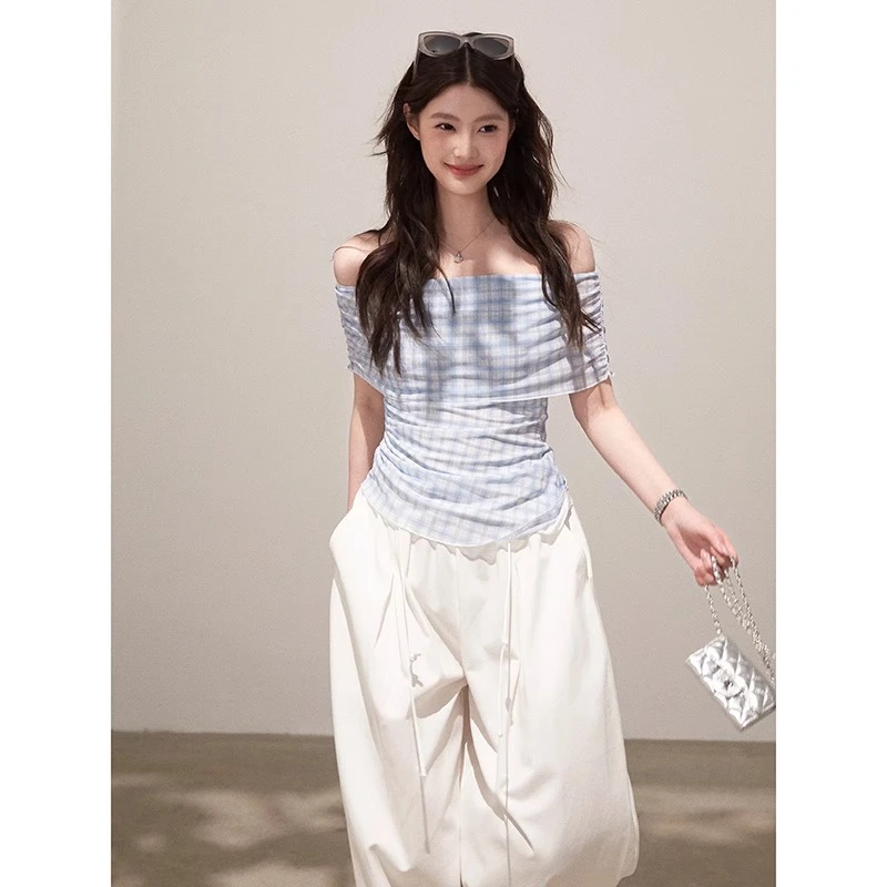 【番茄妹妹】格纹一字肩抹胸T恤夏季韩系修身显瘦不规则设计感上衣