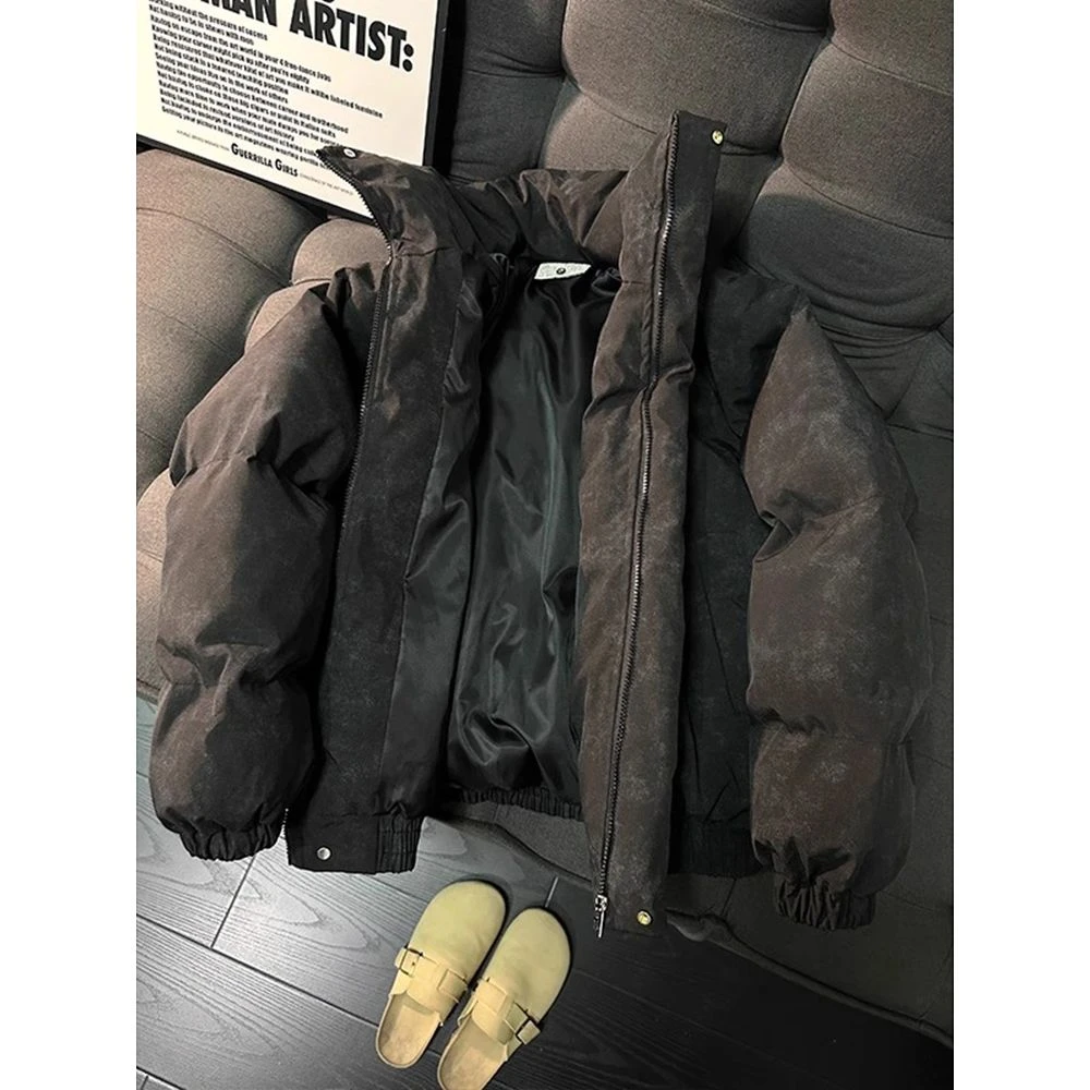 美式复古扎染短款棉服男款冬季加厚保暖面包服高级感立领棉衣外套