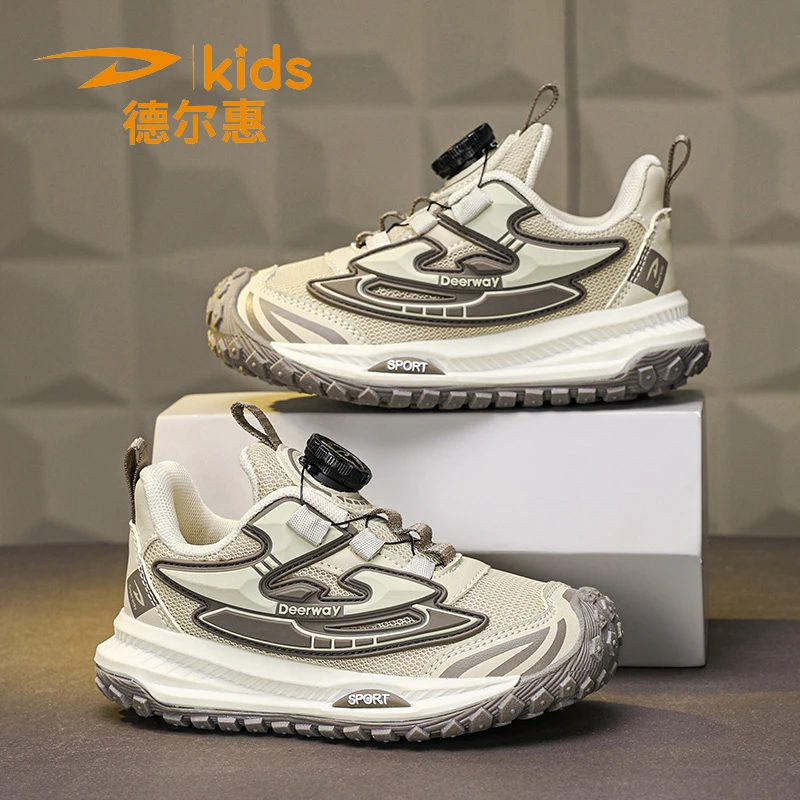 德尔惠童鞋儿童跑步鞋春秋6-12新款男童网面透气男孩跑步旋转纽扣