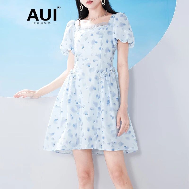 【媛媛女王专享】AUI小众方领印花灯笼袖修身显瘦a字-22E010726