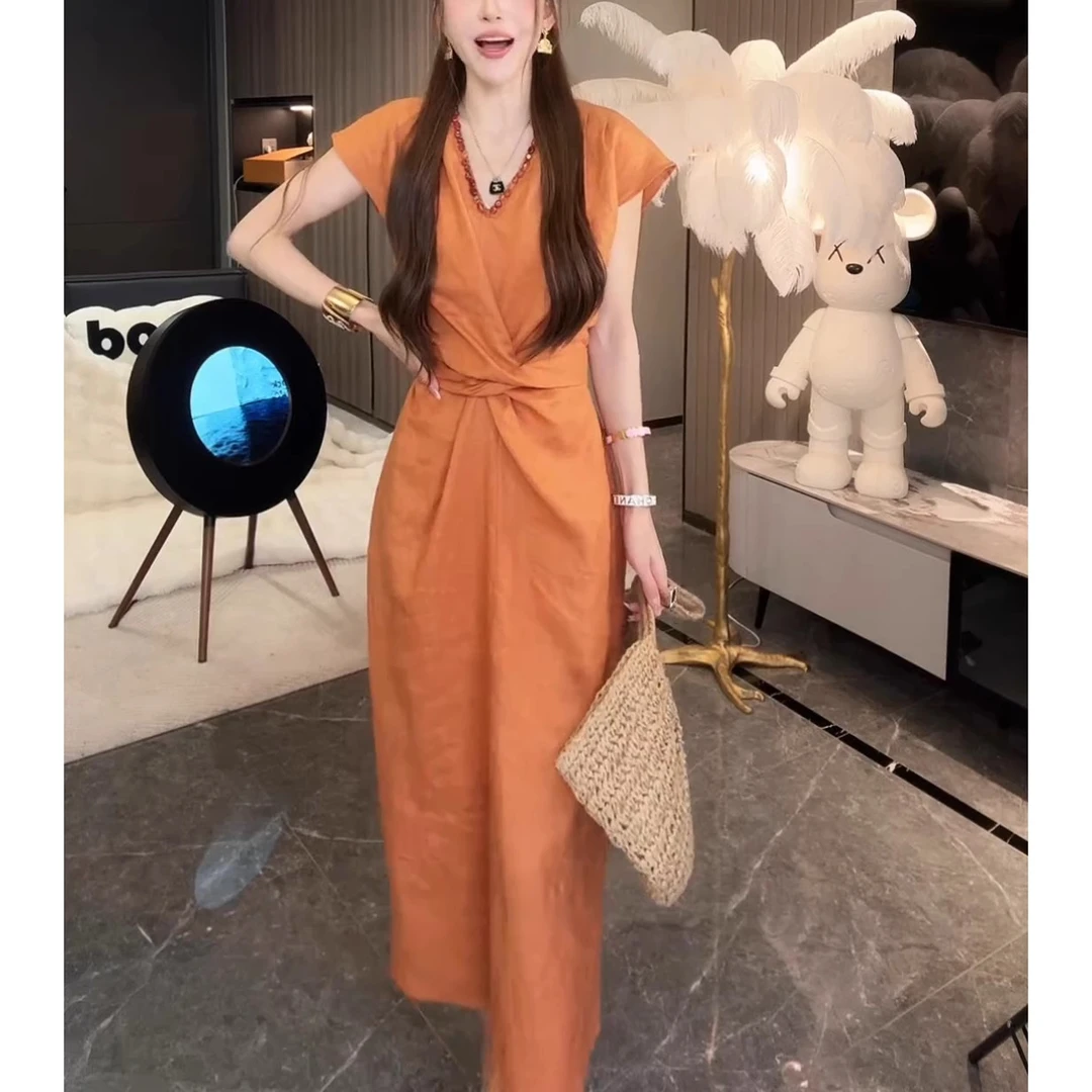 短袖收腰中长裙休闲宽松大码时尚2025夏季新款纯色百搭显瘦连衣裙