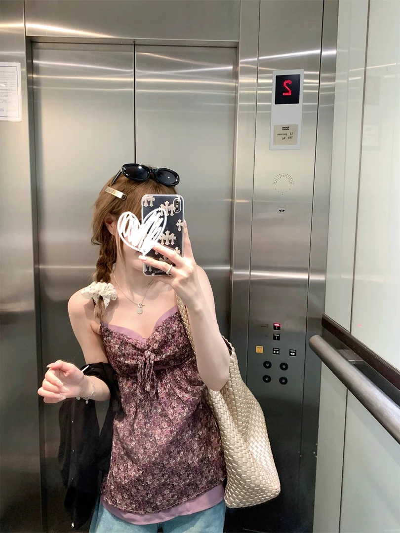 假两件复古碎花吊带背心女夏外穿无袖上衣