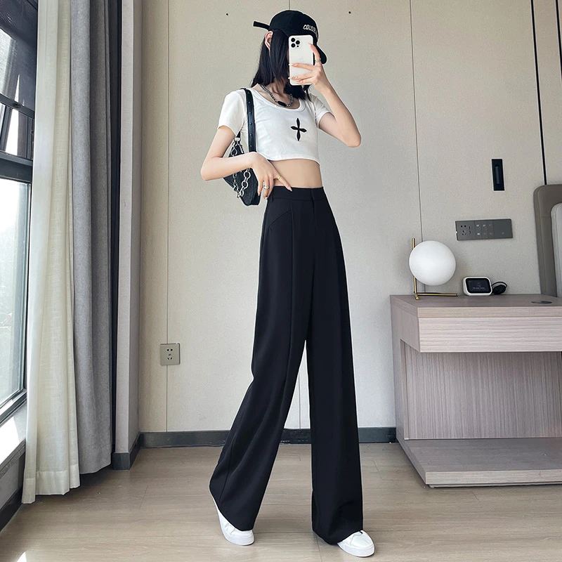 黑色垂感冰丝阔腿裤女2025夏季薄款高腰宽松透气直筒西装休闲长裤