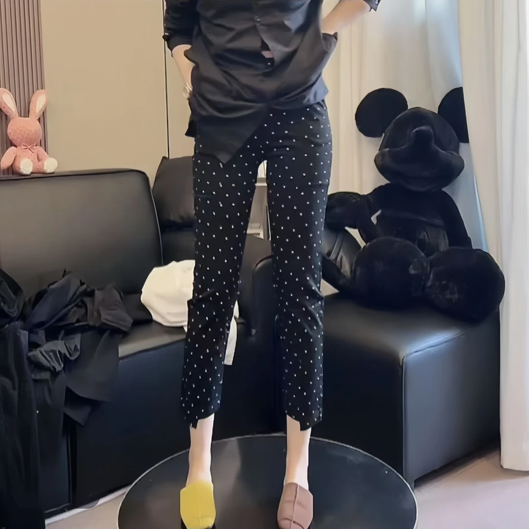 欧货秋季轻薄新款时尚百搭显瘦休闲不规则小圆点弹力烟管裤女