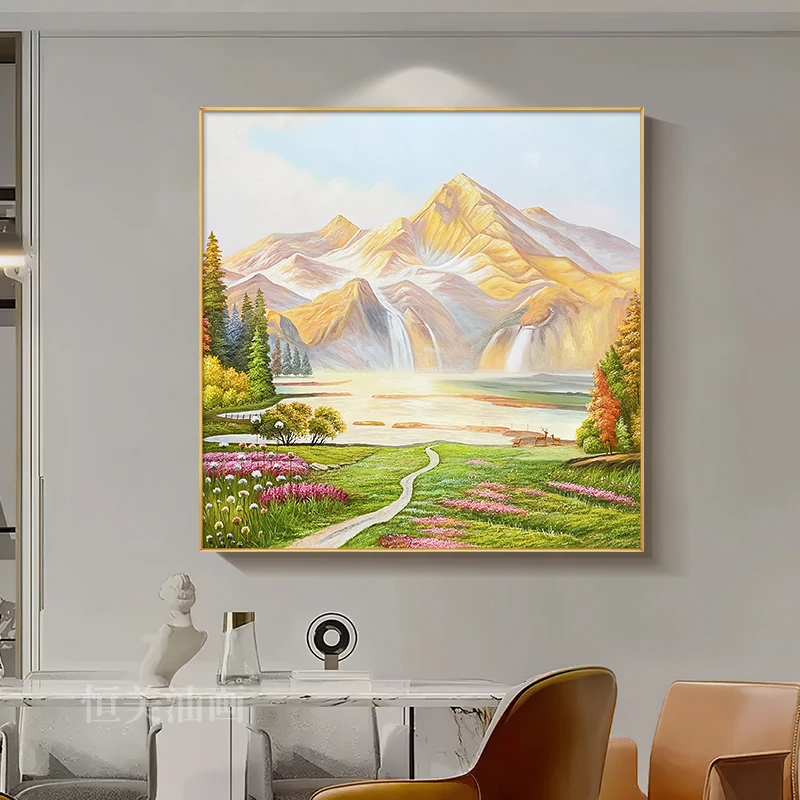 金山聚宝盆手绘油画玄关餐厅正方形高级感山水装饰画2024新款挂画
