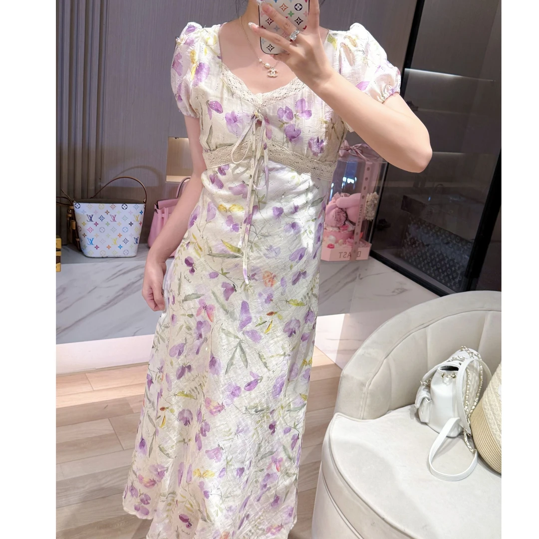 法式泡泡袖收腰显瘦碎花连衣裙