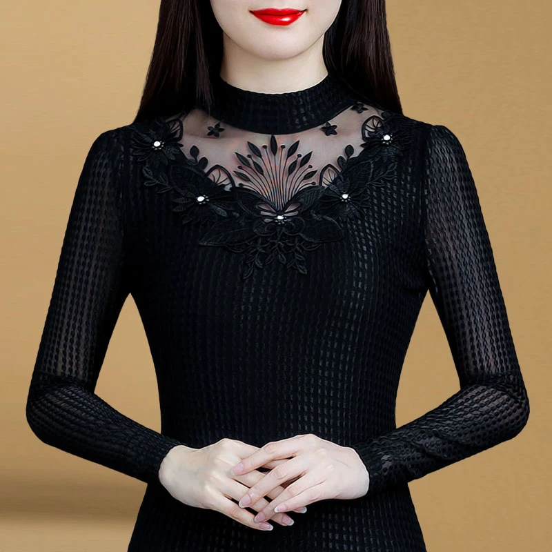 23057冬秋女打底衫黑色洋气上衣网纱弹力小衫