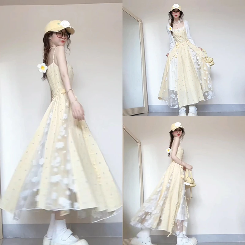 夏日绝美小裙子2025新款海边度假风黄色蕾丝碎花吊带连衣裙长裙女