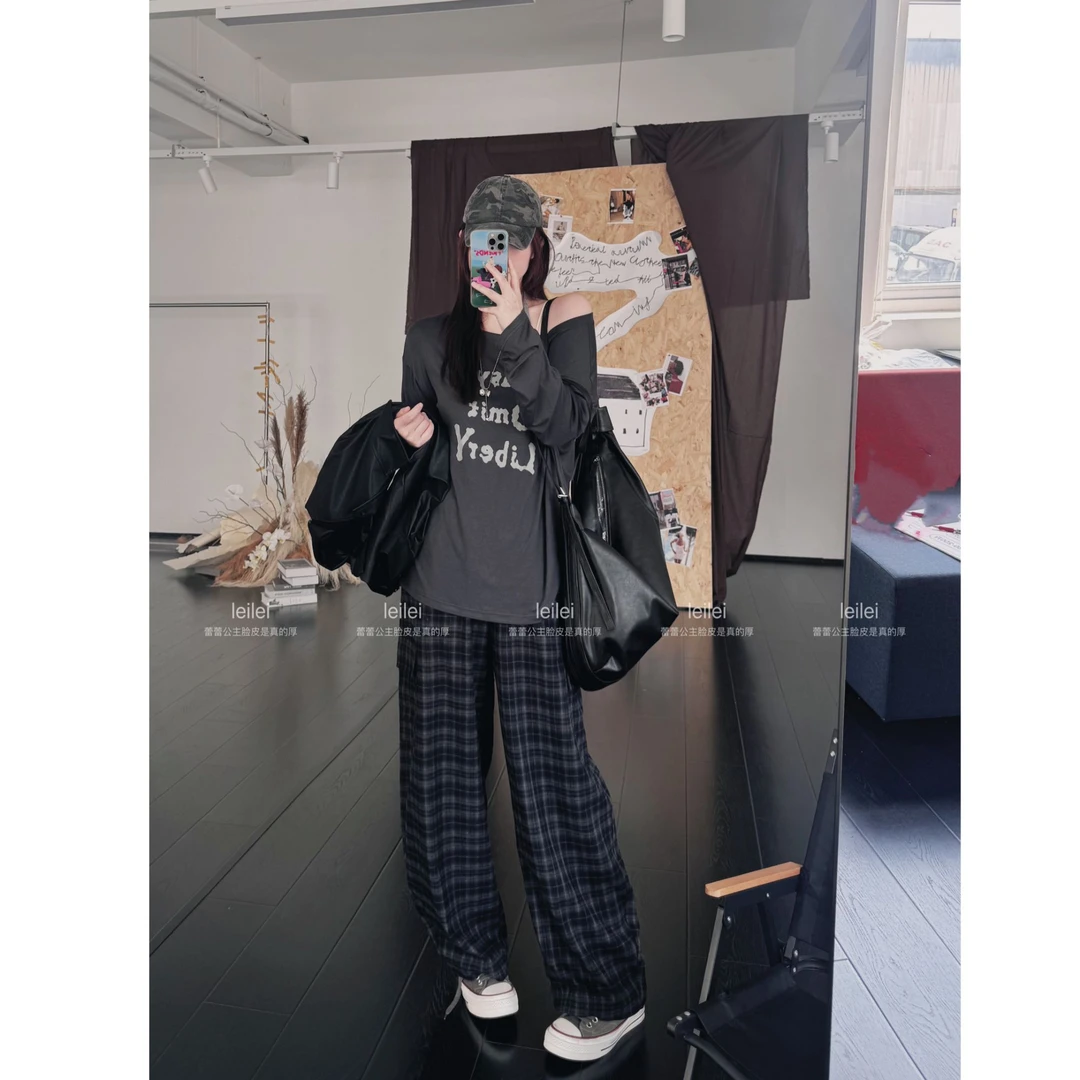 晶咕【雅绅格调】复古格纹高腰全松紧抽绳阔腿休闲长裤