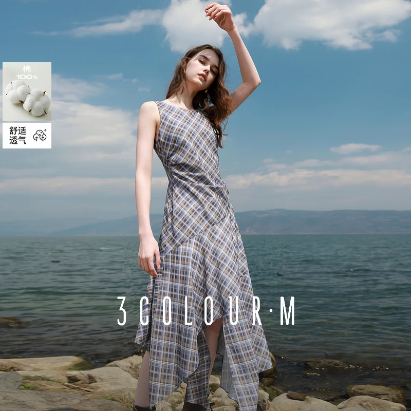 【100棉】三彩2025夏季新款格子无袖背心连衣裙不对称A字长裙女M