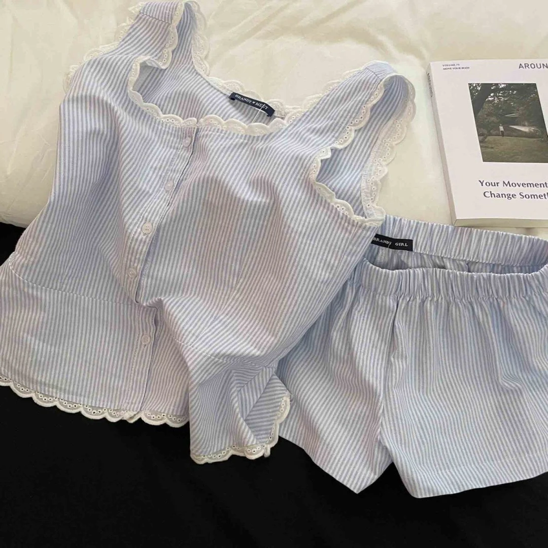 韩版ins蓝色条纹背心甜美棉睡衣女夏季新款吊带短裤家居服套装