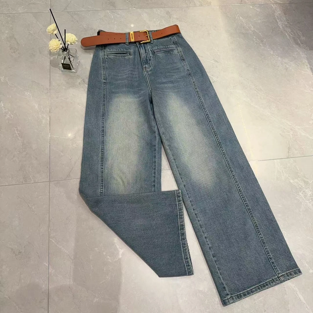 【权燕】009 春款中腰显瘦休闲裤女蓝色宽松牛仔裤直筒阔腿裤