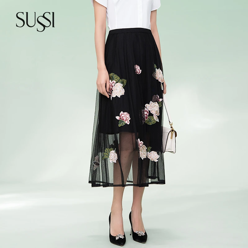 SUSSI/古色“墨荷曳绣”新中式女装气质百搭款荷花刺绣长半身裙