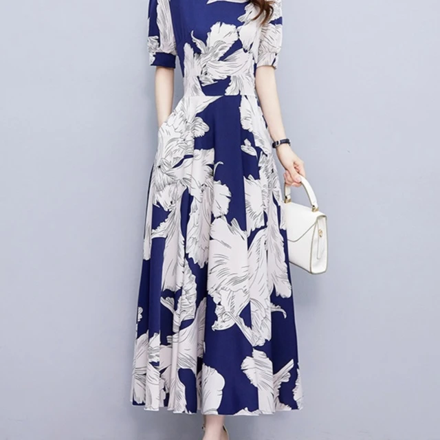 名媛复古雪纺碎花连衣裙2024新款女夏季收腰减龄中年妈妈高级精致