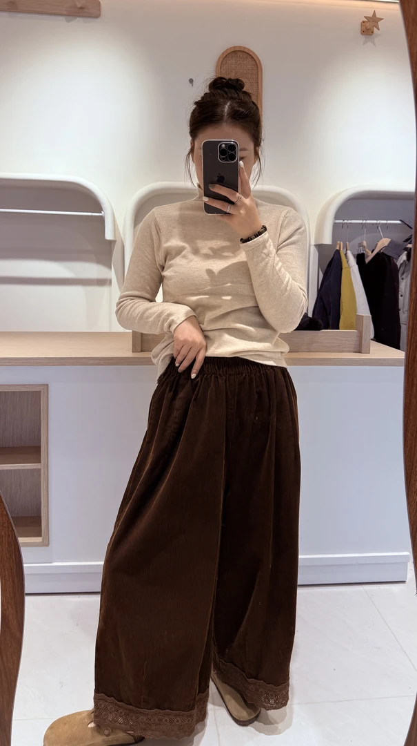 (简麻)秋季女无弹针织森系阔腿裤中腰休闲裤松紧腰韩版藏青J116