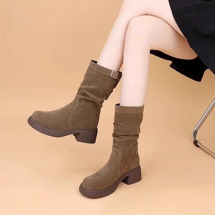 【冬款上新】全断码粗跟褶皱堆堆靴女2025年秋冬新款覆古中筒