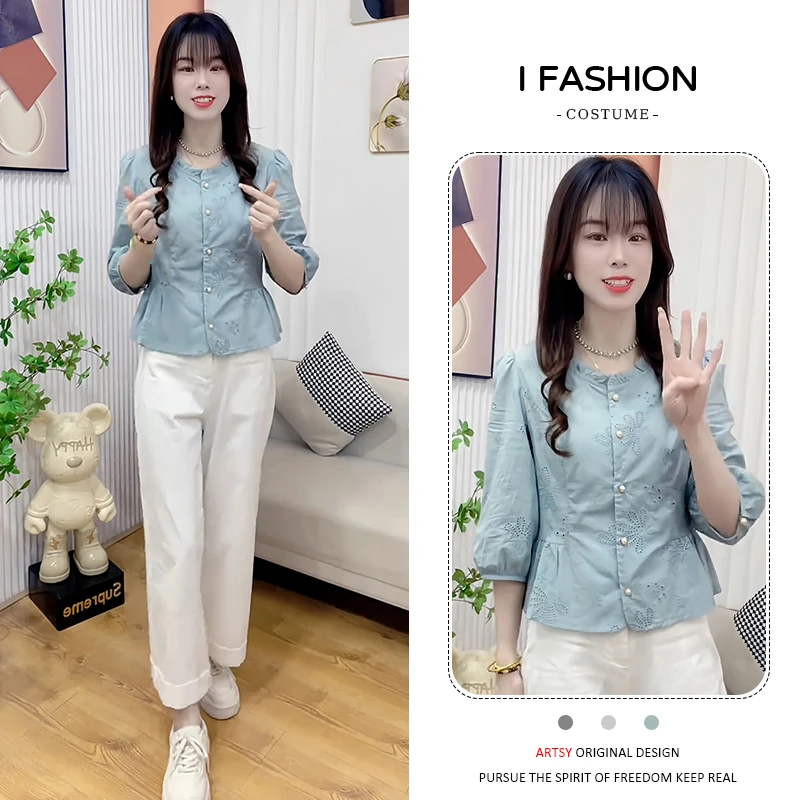 2025年春秋新款慵懒松弛感百搭七分袖衬衫女士气质休闲百搭上衣