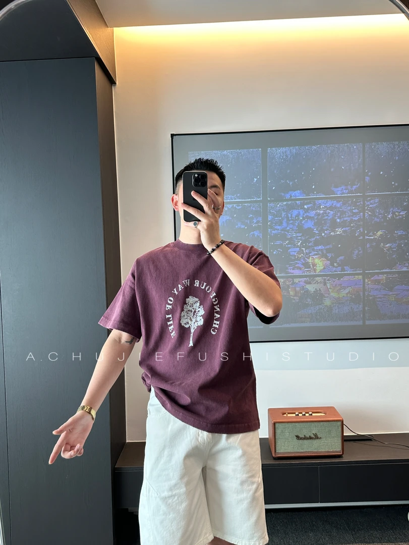 CHUJIE韩版宽松时尚休闲水洗做旧印花短袖T恤