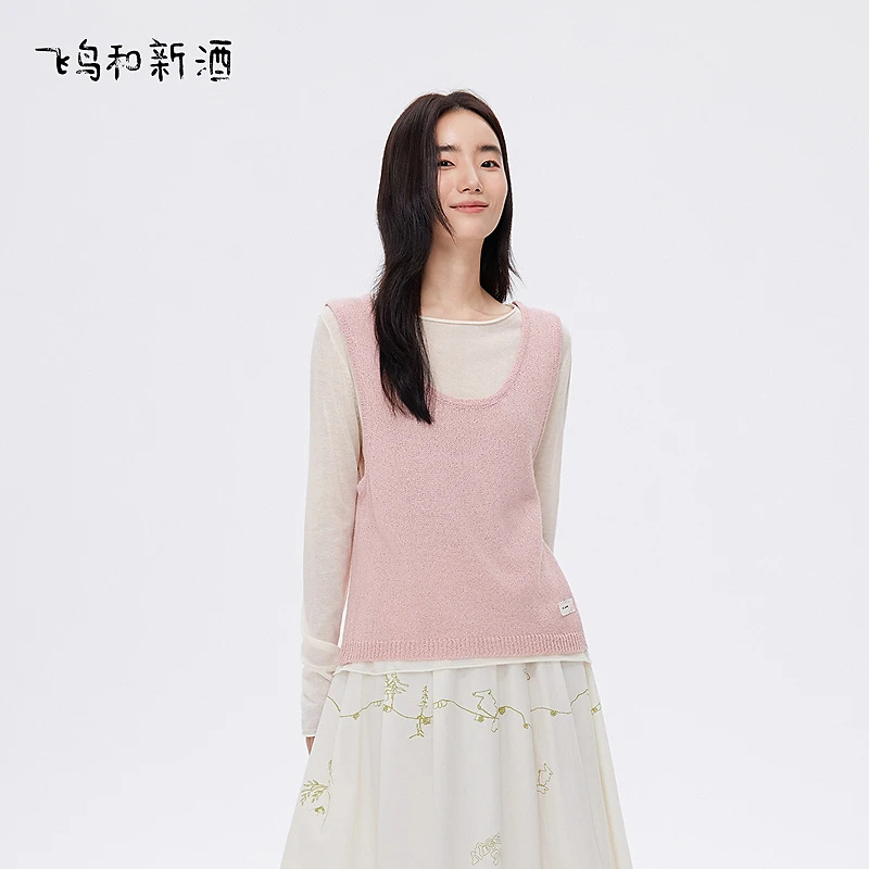 【大瑶】飞鸟和新酒秋设计感时尚粉色假两件套亚麻毛衣FD55034014