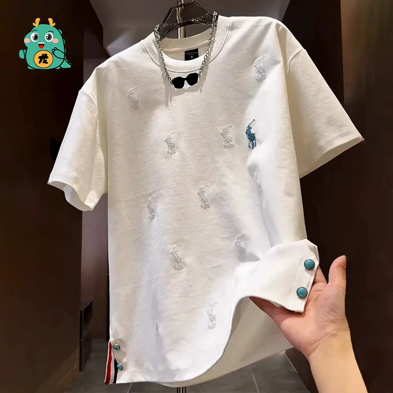 特大码300斤高端侧开叉短袖T恤男女款夏季刺绣圆领百搭体恤半袖衫