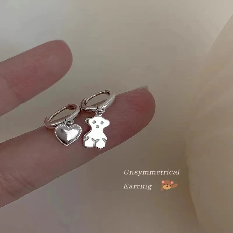 925银耳饰 韩版小熊耳环不对称心型耳扣小众气质百搭精致简约