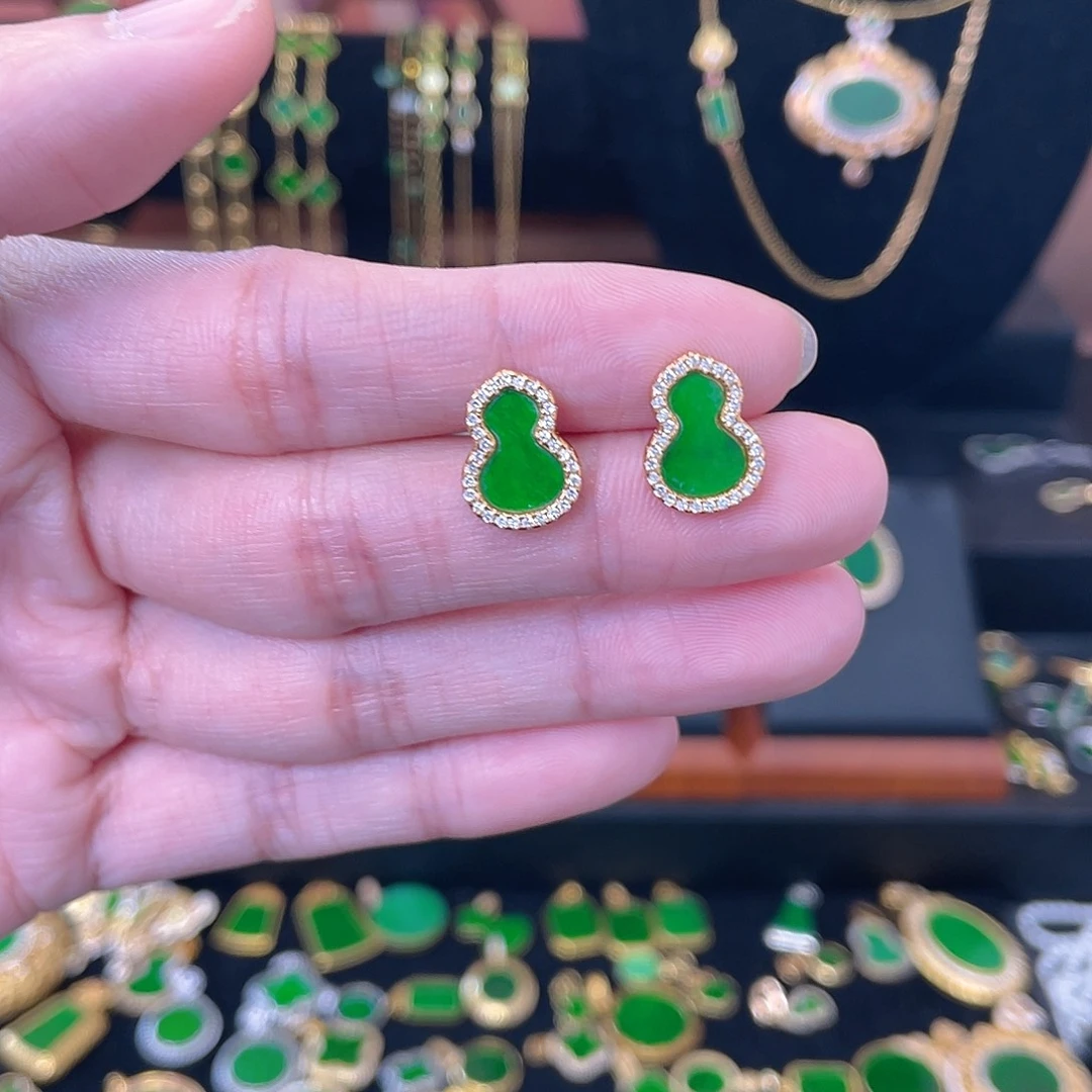 翡翠银S925镀金镶嵌耳饰