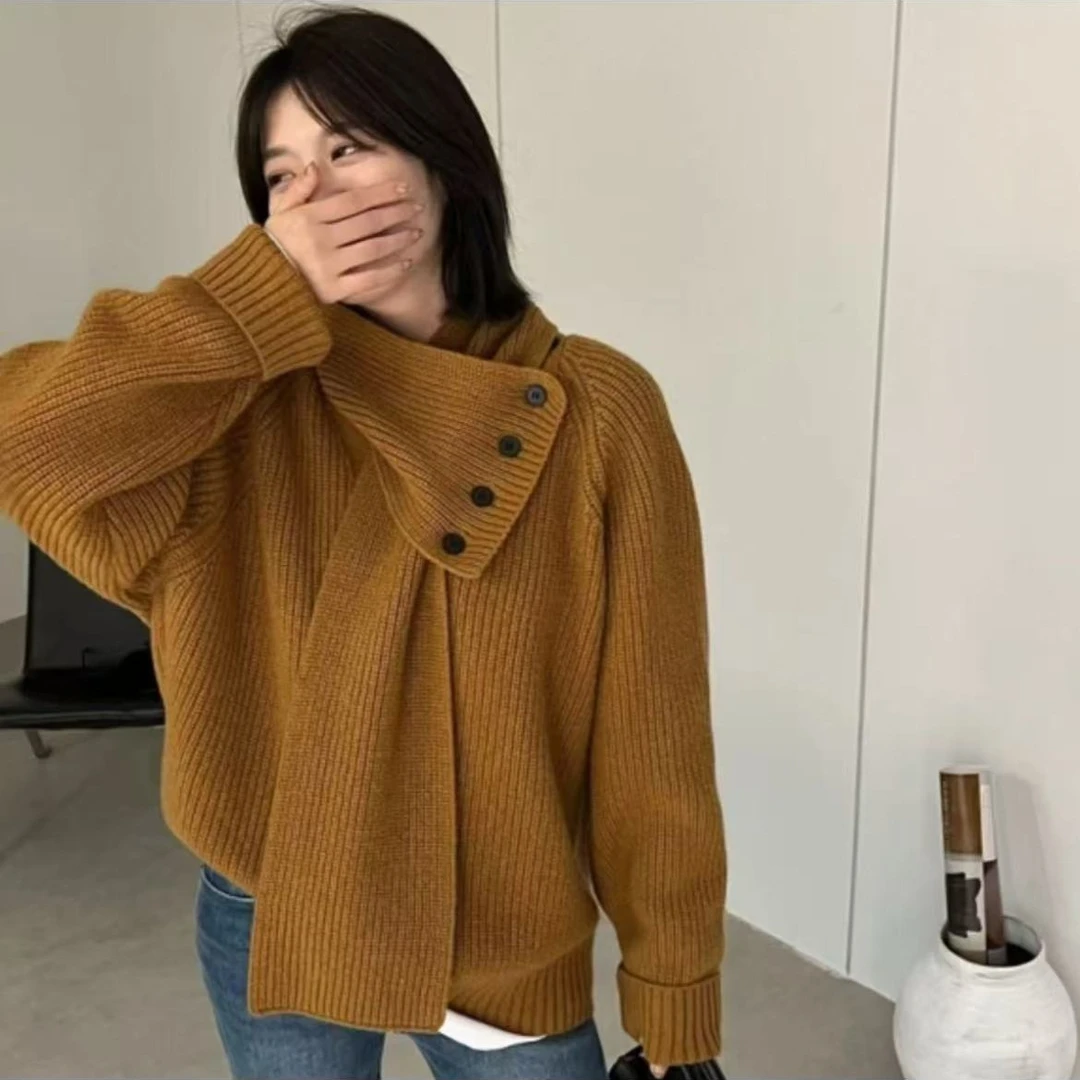 【伍老师身上同款】女士围巾领套头毛衣慵懒百搭长袖休闲针织衫R34