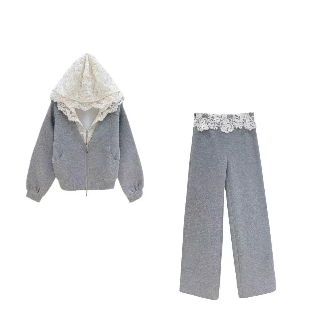 欧洲站2025早春新款蕾丝连帽拉链外套假两件休闲直筒裤套装