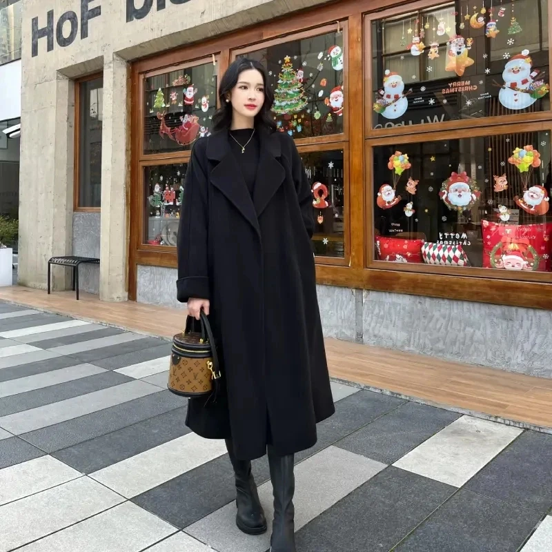 2024新款秋冬双面绒大衣女士宽松慵懒风毛呢外套赫本风气质西装领