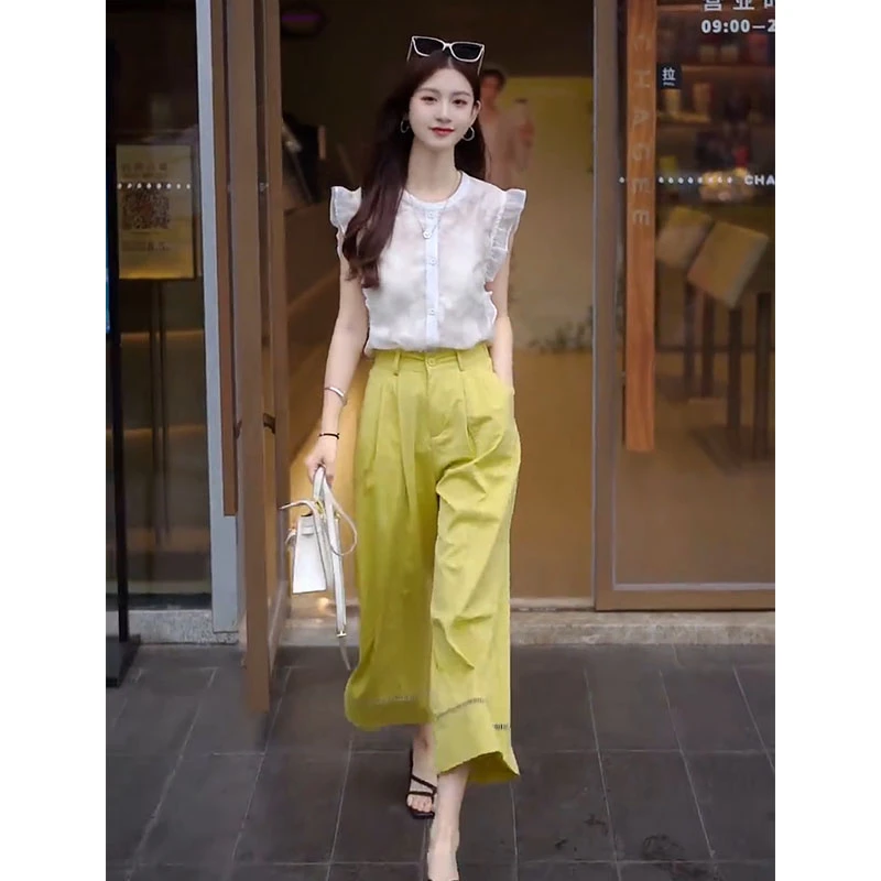 今年流行一整套2025年夏季新款小飞袖上衣高腰显瘦休闲裤两件套装