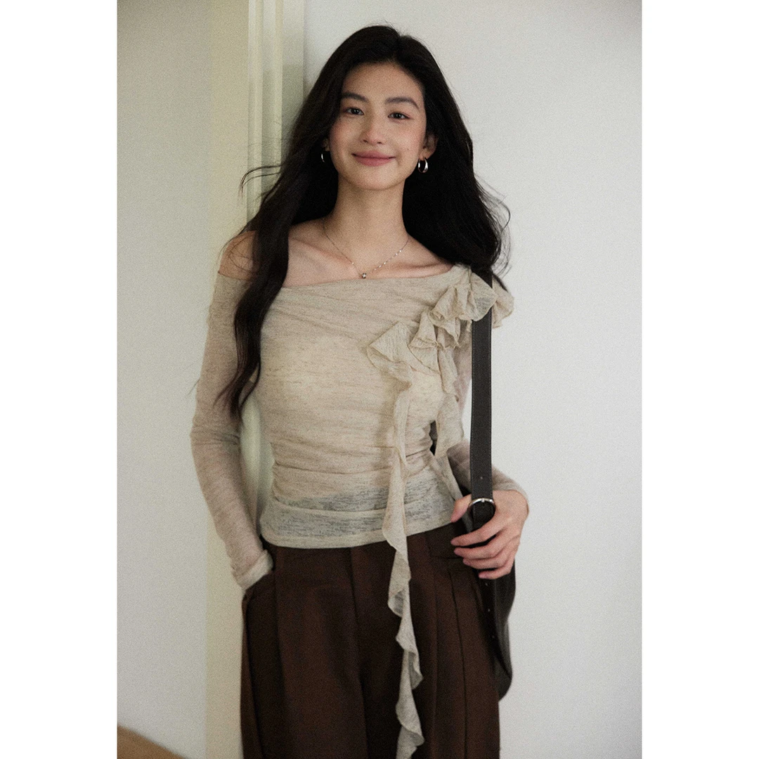 贰羊设计【栀汐】法式荡领飘带设计感上衣女长袖收腰褶皱短款上衣