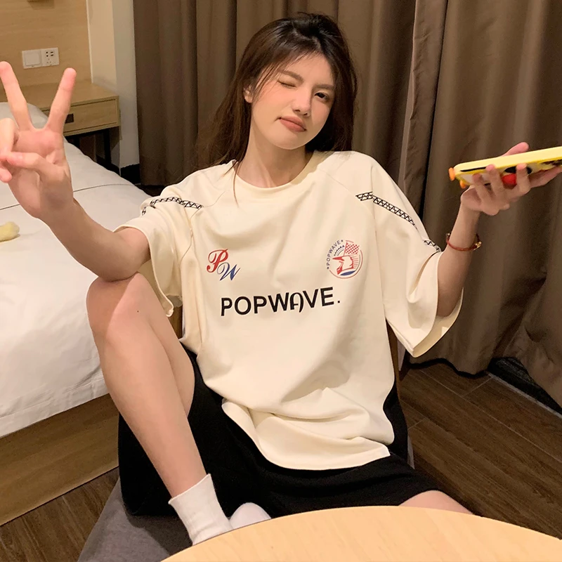 睡衣女夏天字母短袖T恤套装女夏季宽松休闲百搭睡衣女夏天家居服