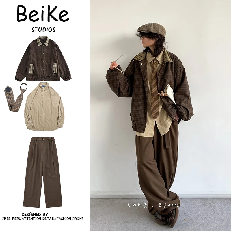 四件装/秋冬秋季休闲刺绣夹克复古宽松男外套男士男生男装男款