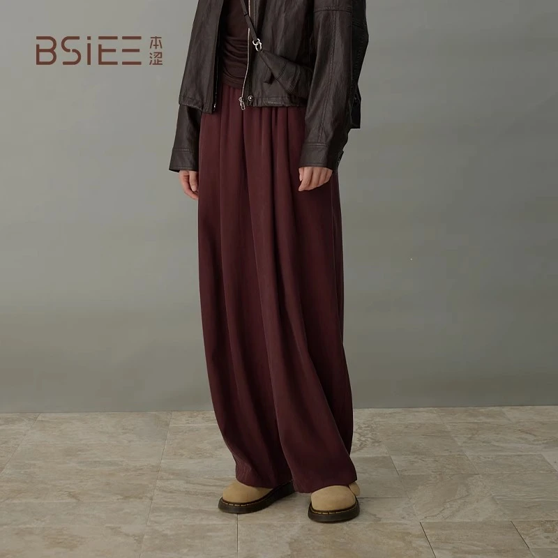 BSiEE本涩舒适直筒面料裤新品复古高腰宽松阔腿裤装女