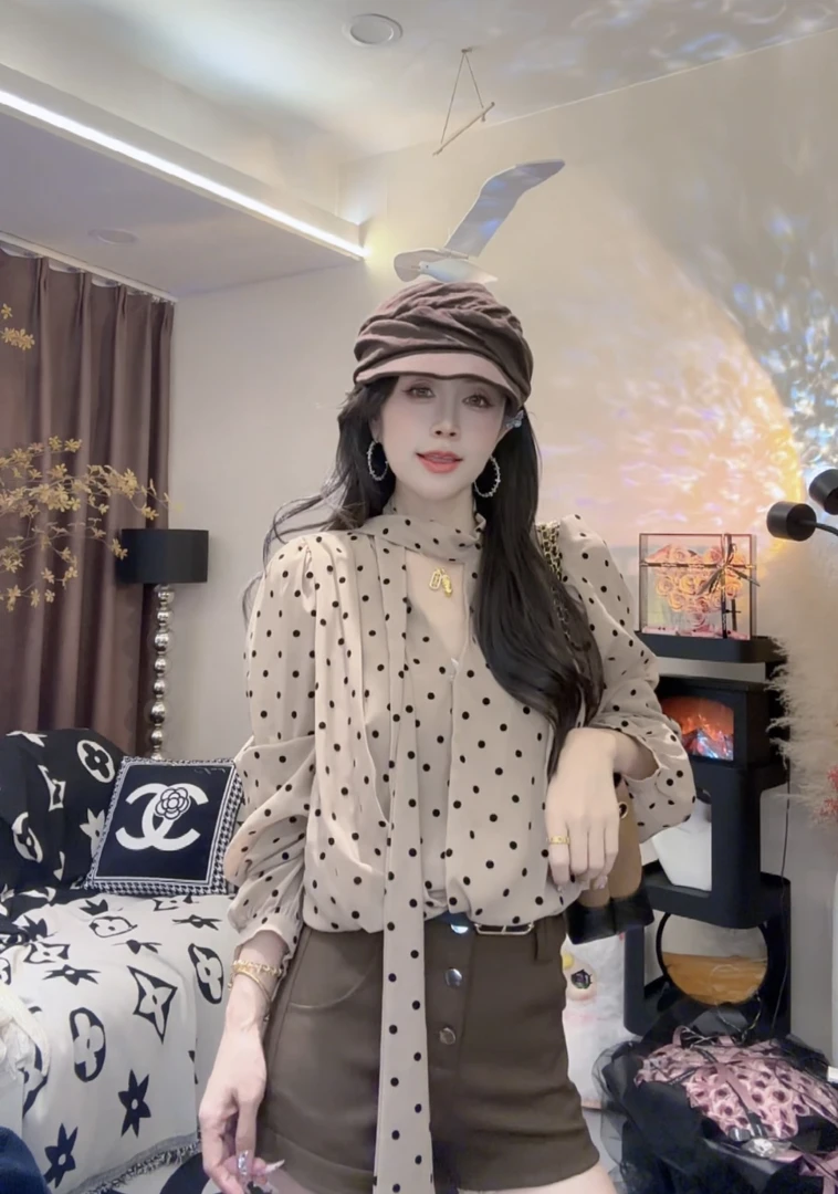L.X~法式波点飘带V领长袖衬衫女纯欲千金风显瘦名媛气质上衣6900