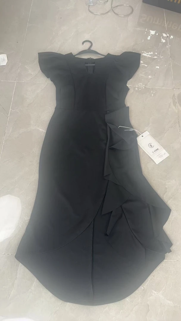 【庄喜儿Original】黑色立体荷叶边不规则下摆修身连衣裙G338
