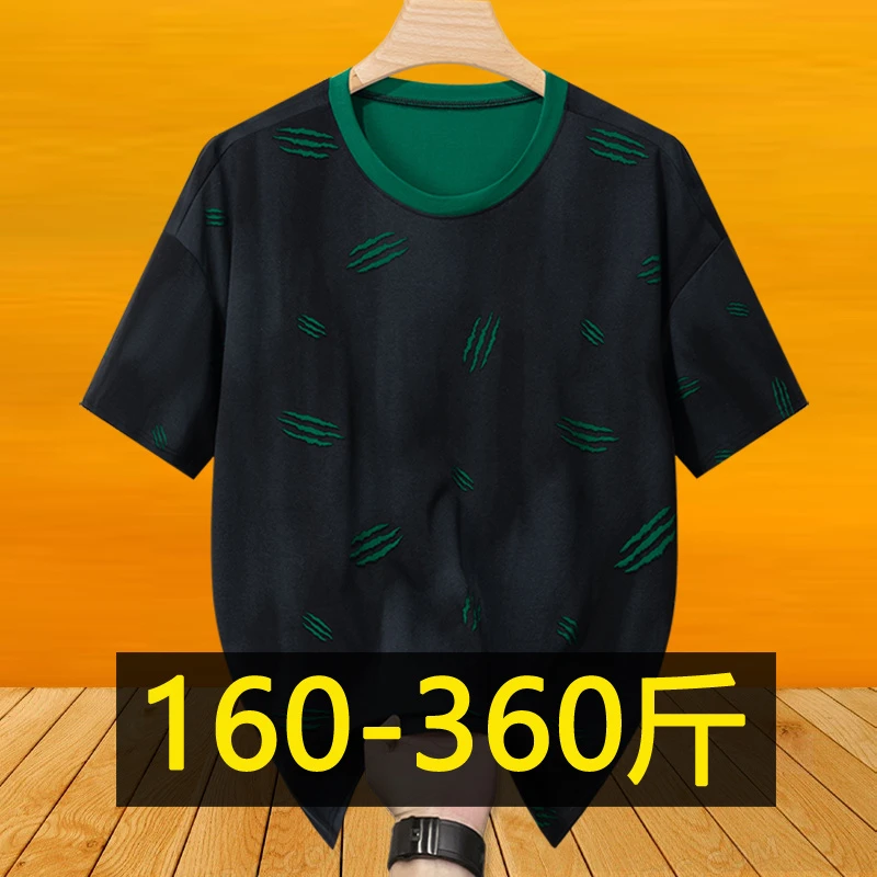 夏季新款轻奢烧花短袖T恤男加肥加大码潮流胖子宽松青年半袖300斤