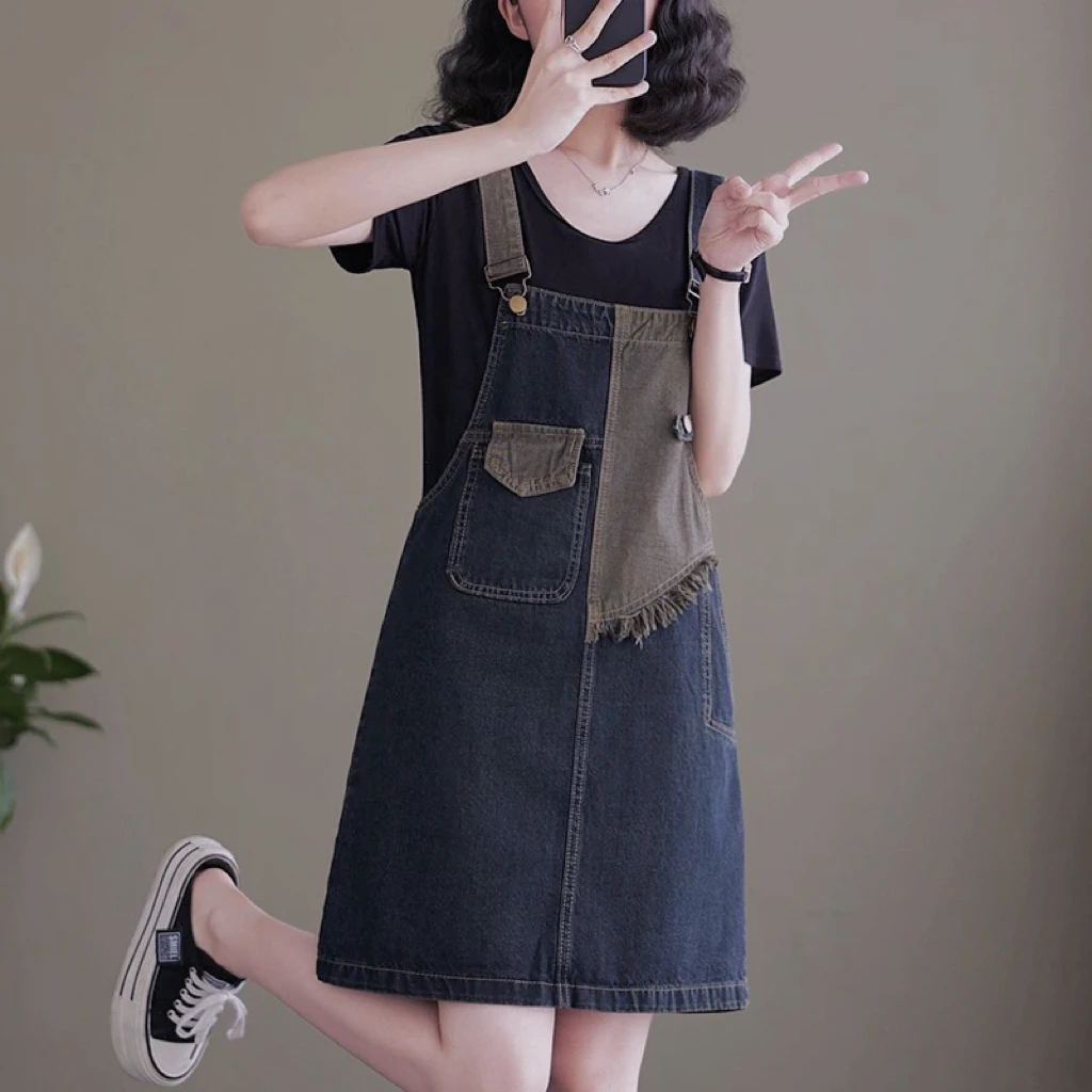 1703  港风休闲百搭拼色复古牛仔背带裙（A16）