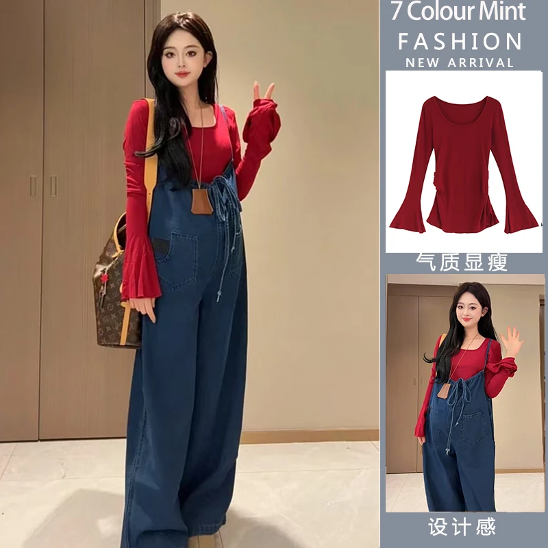 {糖糖}孕妇牛仔吊带裤春秋时尚喇叭袖上衣休闲阔腿两面穿裤子套装